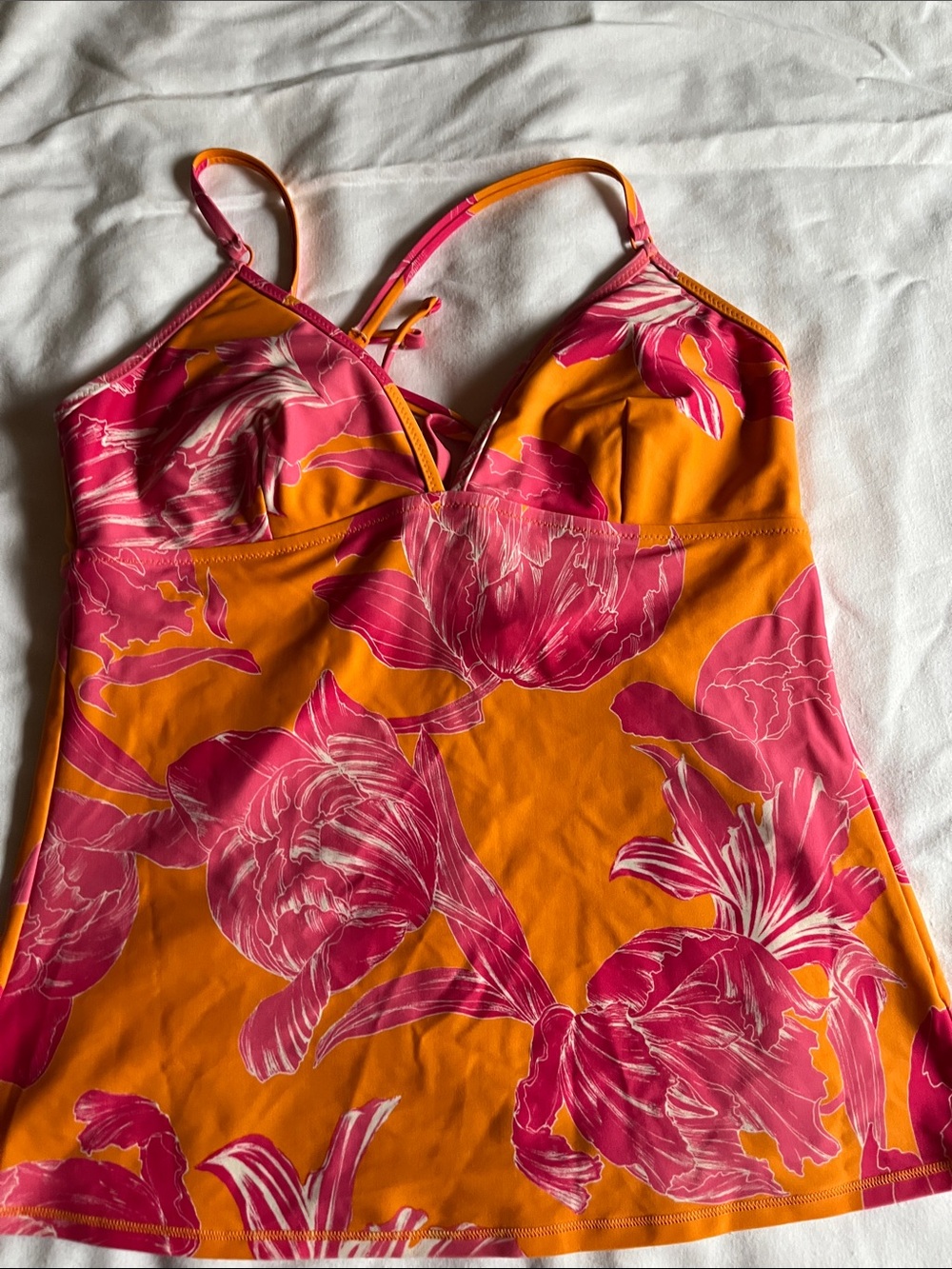 Athleta Orange Camisole with Pink Floral Print and Strappy Back